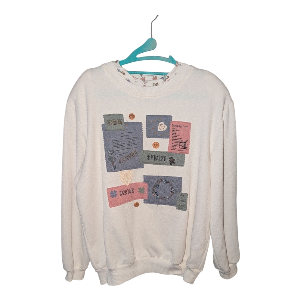 Vintage Teddi Cream Crew Neck Sweater with Patchwork Design Cottage Core
